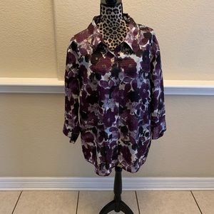 Purple and black floral dressy blouse.